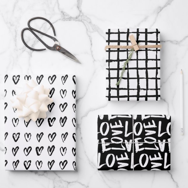 Black and White Hand Drawn Modern Hearts Love Wrapping Paper Sheet (Front)