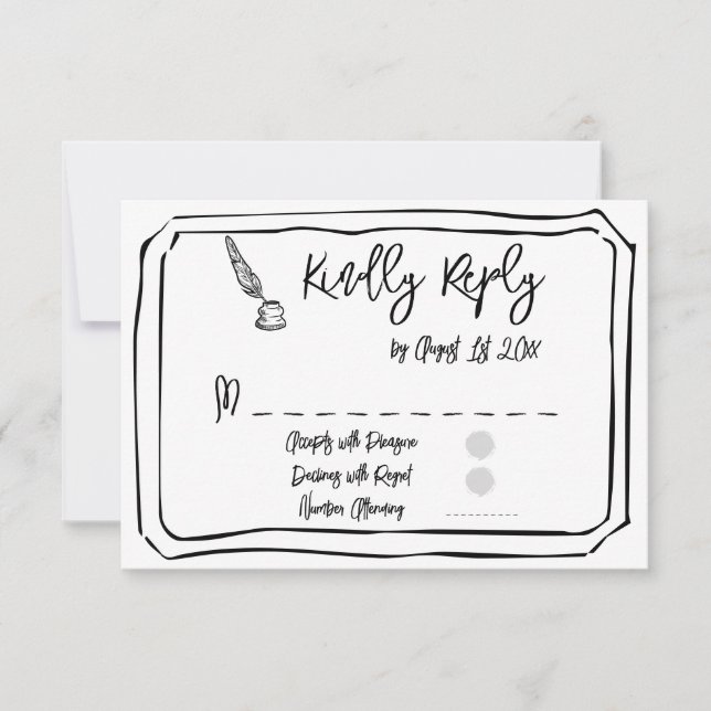 Black and White Hand Drawn Simple Wedding RSVP Card (Front)