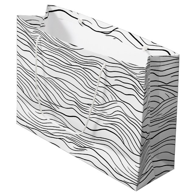 Black and White Hand-Drawn Wavy Line Pattern Large Gift Bag (Front Angled)