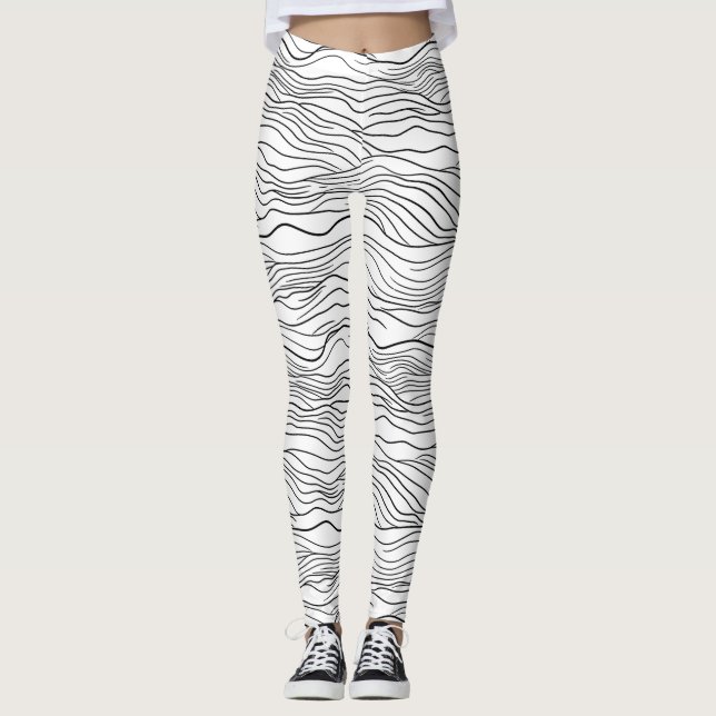 Black and White Hand-Drawn Wavy Line Pattern Leggings (Front)