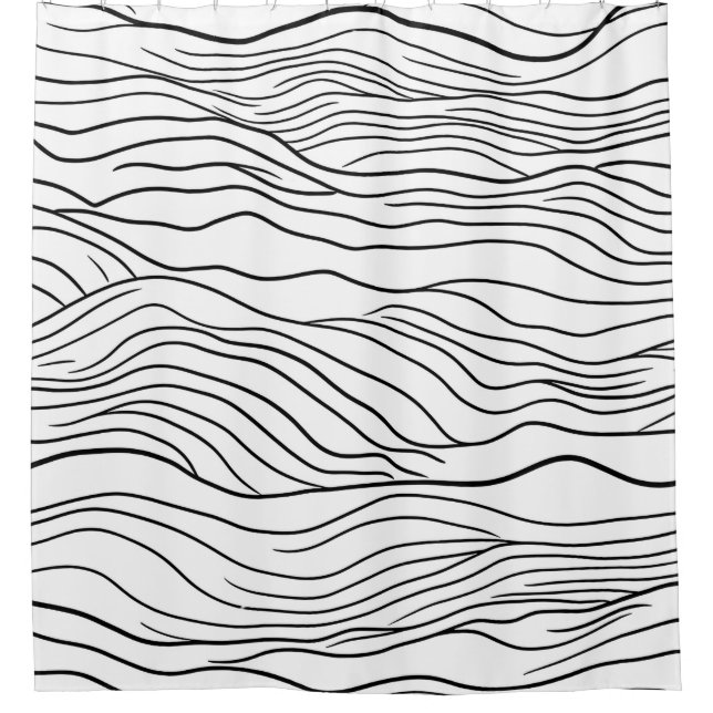 Black and White Hand-Drawn Wavy Line Pattern Shower Curtain (Front)