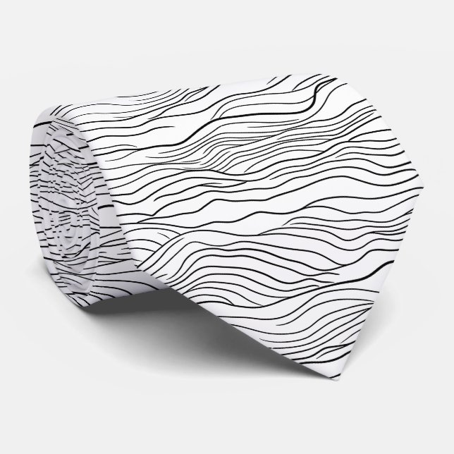 Black and White Hand-Drawn Wavy Line Pattern Tie (Rolled)
