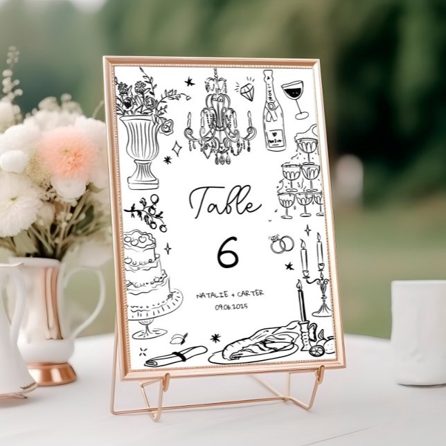 Black and White Hand Drawn Whimsical Wedding Table Number (Creator Uploaded)