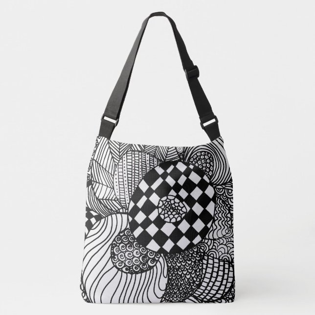 Black and White Hand Drawn Zen Doodle Drawing Crossbody Bag (Front)