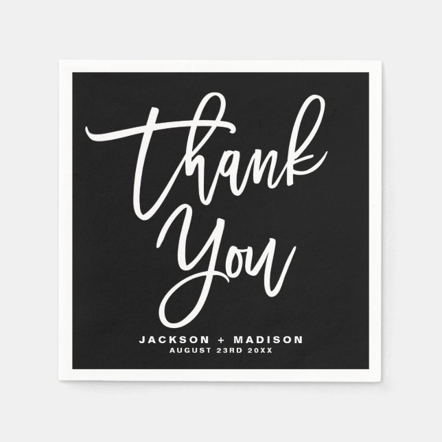 Black and White Hand Lettered Script Thank You Napkin (Front)