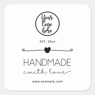 Black and White Handmade With Love Custom Logo Square Sticker