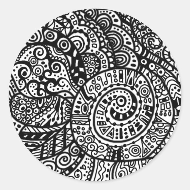 Black and white handpainted doodles classic round sticker (Front)