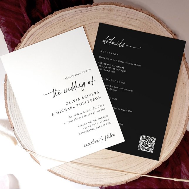 Black and White Handwriting All in One Wedding Invitation (All-in-one wedding invite with modern handwriting script and black back with white text and QR code)