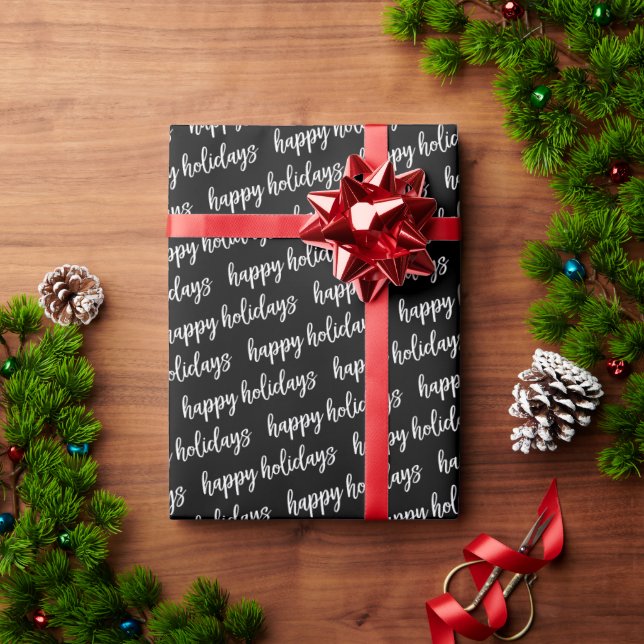Black and White Happy Holidays Pattern Wrapping Paper (Holiday Gift)