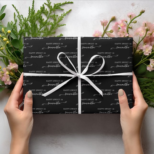 Black and White Happy Sweet 16 Cute Bow Name Wrapping Paper Sheet (Black and White Happy Sweet 16 Cute Bow Name Wrapping Paper Sheets)