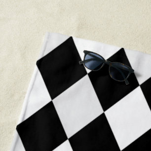 Black and White Harlequin Diamond Pattern Beach Towel
