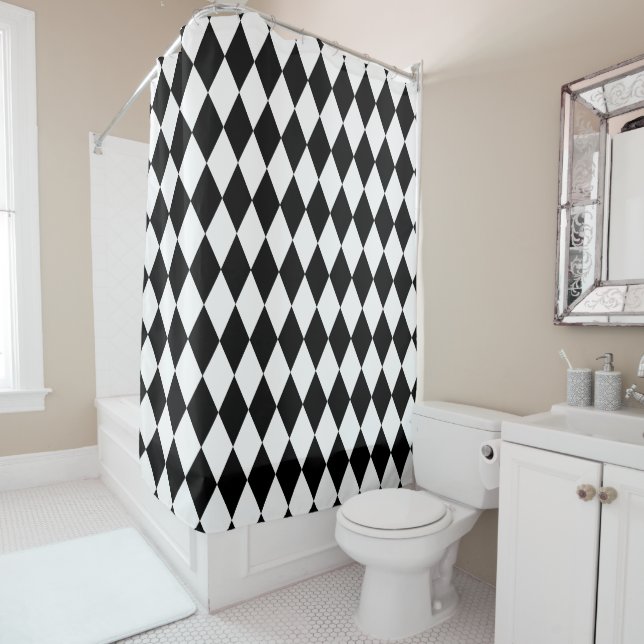 Black and White Harlequin Shower Curtain (In Situ)