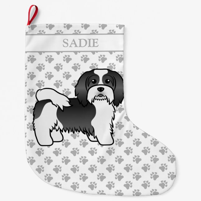 Black And White Havanese Cute Cartoon Dog & Name Large Christmas Stocking (Front)
