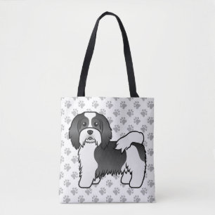 Black And White Havanese Cute Cartoon Dog & Paws Tote Bag