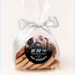 Black and White He Did It Graduation Classic Round Sticker