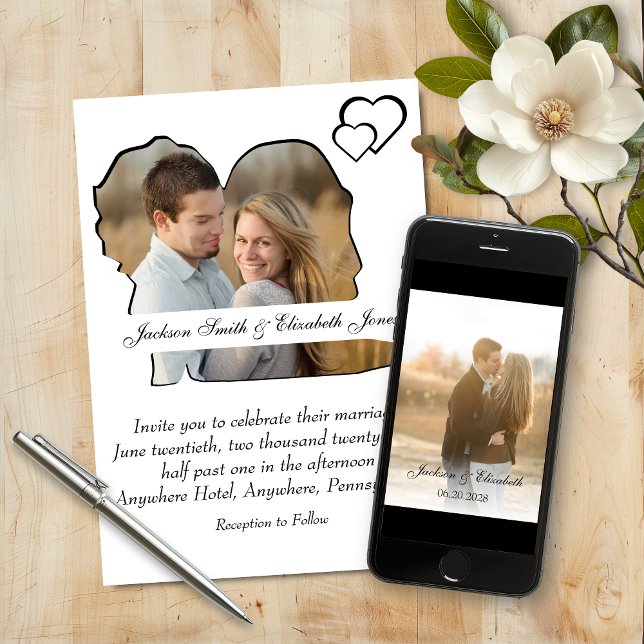 Black and White Heart Bride & Groom Photo Wedding Invitation (Creator Uploaded)