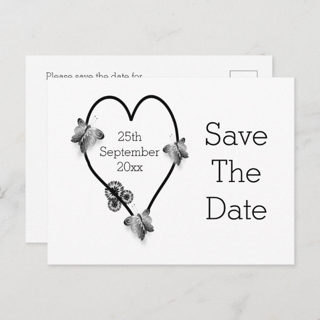 Black And White Heart Butterflies Save The Date Postcard (Front/Back)
