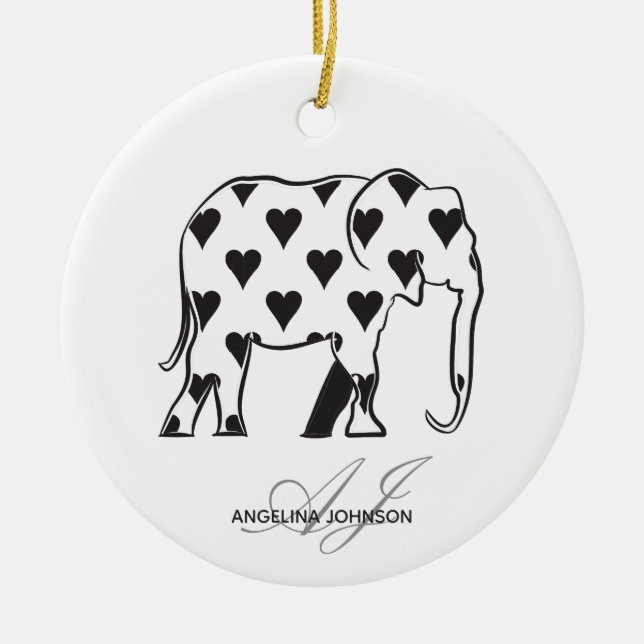 Black and White Heart Pattern Elephant Monogrammed Ceramic Tree Decoration (Front)