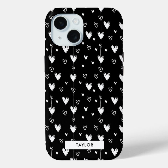 Black and White Heart Pattern Monogram Name Case-Mate iPhone Case (Back)