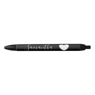 Black and White Heart Personalised Name Black Ink Pen