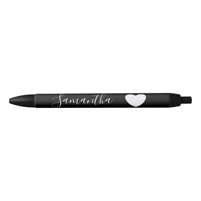 Black and White Heart Personalised Name Ink Pen (Front)