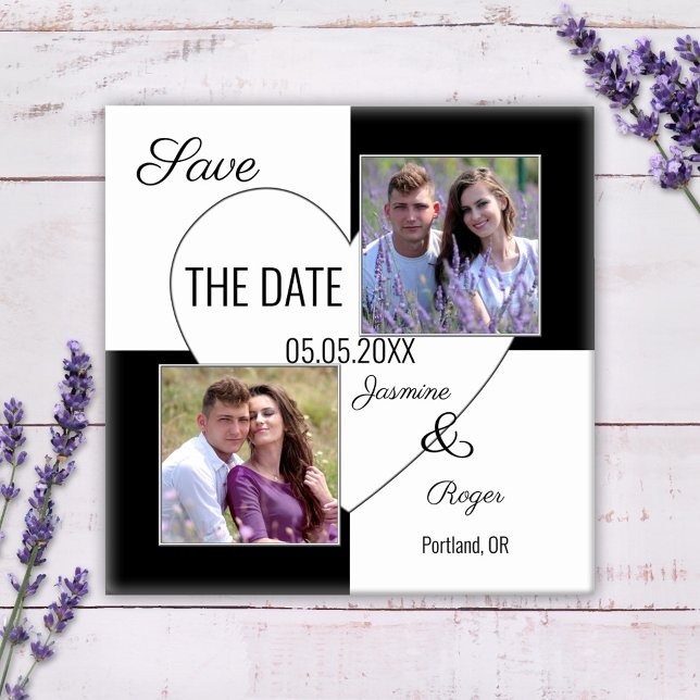 Black and White Heart Photo Save the Date Magnet (Save the Date magnet featuring your own photos framed by a checkered black and white heart design.)
