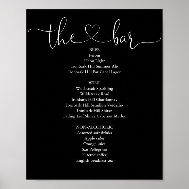 Black And White Heart Script Bar Menu Poster (Front)