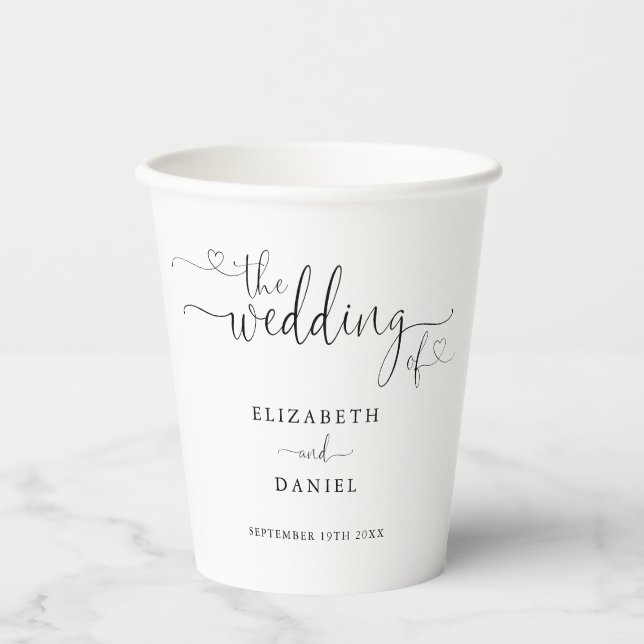 Black And White Heart Script Wedding Paper Cups (Front)