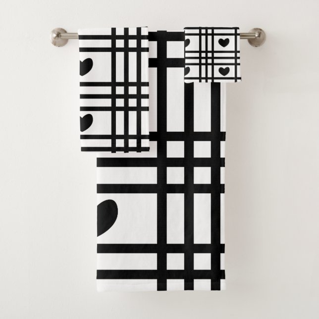 Black and White Heart Stripes Pattern Bath Towel Set (Insitu)
