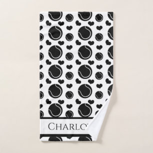 Black and White Hearts and Balls Sports Tennis Fun Hand Towel