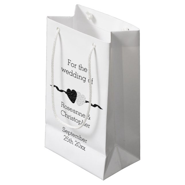 Black And White Hearts Design Wedding Small Gift Bag (Front Angled)