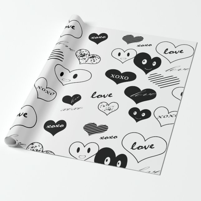 Black and White Hearts faces Love Xoxo  Wrapping Paper (Unrolled)