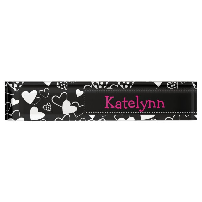Black and White Hearts Monogram Desk Name Plate (Front)
