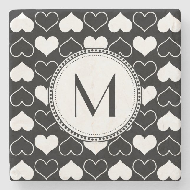 Black and White Hearts Pattern Stone Coaster (Front)