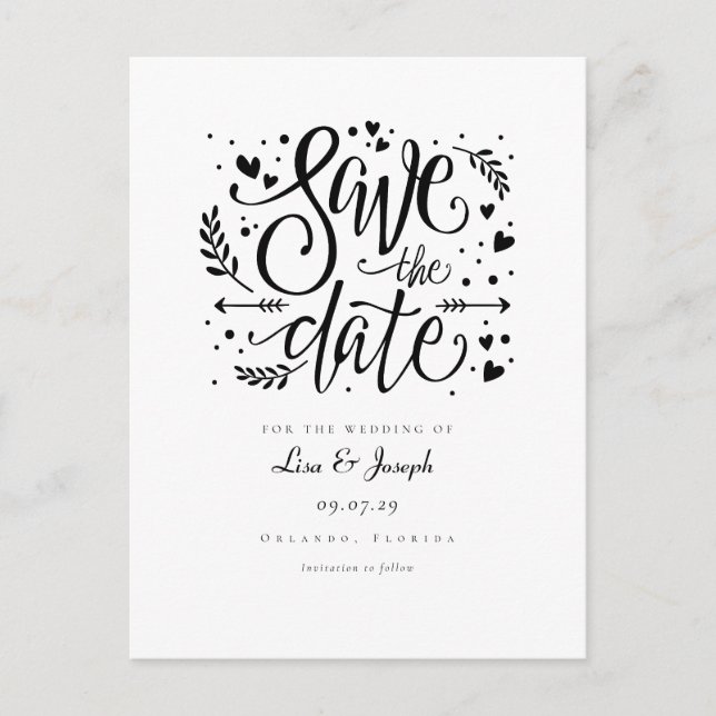 Black and White Hearts Script Save the Date Announcement Postcard (Front)