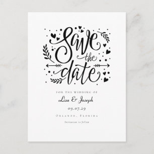 Black and White Hearts Script Save the Date Announcement Postcard