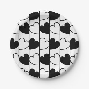 Black and White Hearts Stripes  Paper Plate