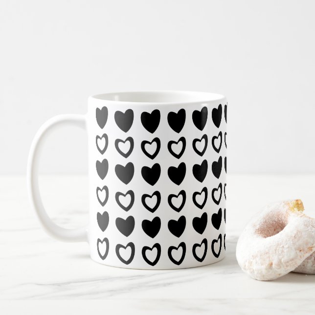 Black and White Hearts Valentine Coffee Mug (With Donut)