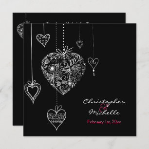 Black and White Hearts Wedding Invite with RSVP