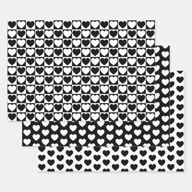 Black and White Hearts Wrapping Paper Sheet (Set)