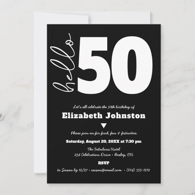 Black and White Hello 50 Fabulous Birthday Bold Invitation (Front)