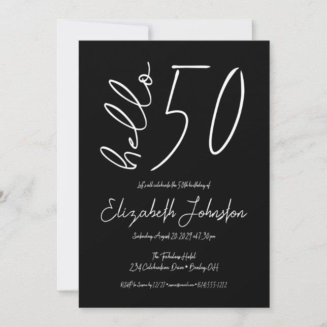 Black and White Hello 50 Fabulous Birthday Minimal Invitation (Front)