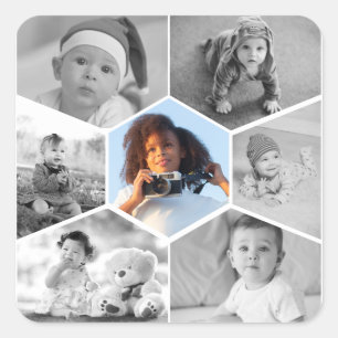 Black and White Hexagon Photo Collage Square Sticker