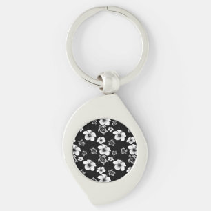 Black And White Hibiscus Honu Hawaiian Pattern Key Ring