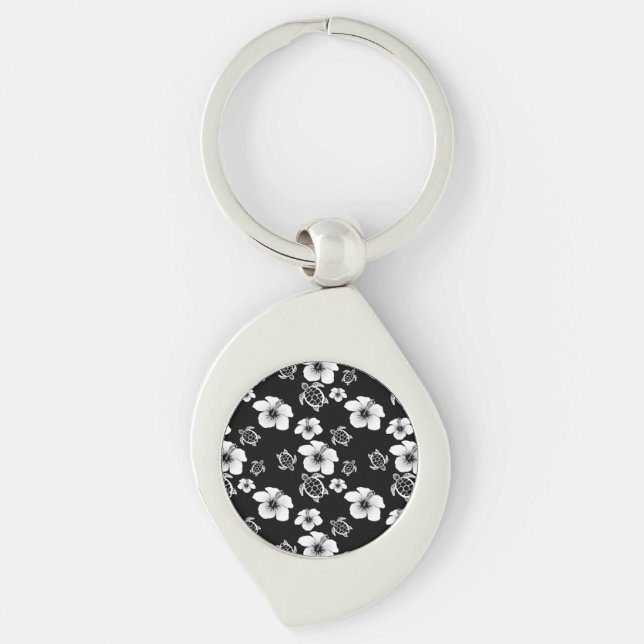 Black And White Hibiscus Honu Hawaiian Pattern Key Ring (Front)