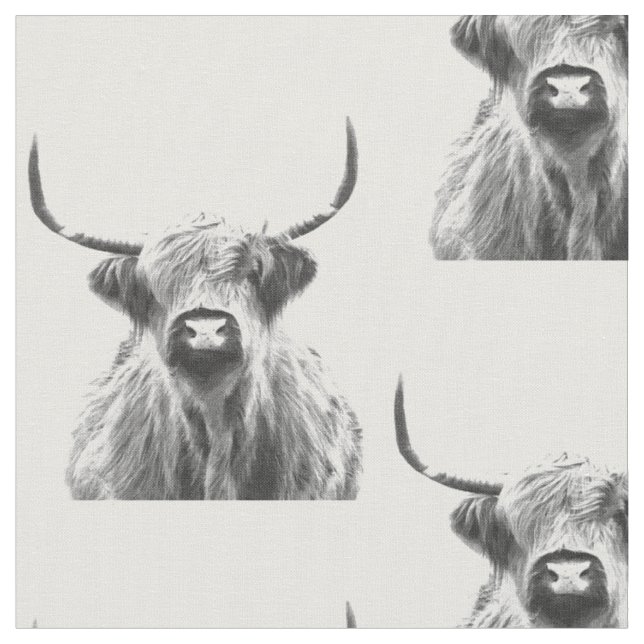 Black and White Highland Cow Fabric (Close Up)