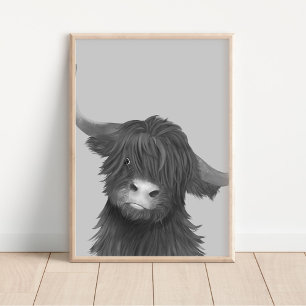 Black and White Highland Cow Illustration  Poster