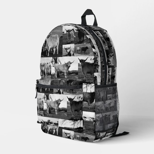 Black And White Highland Cow Photography,  Printed Backpack (Back Corner Right)