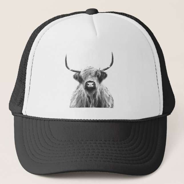Black and White Highland Cow Portrait Trucker Hat (Front)