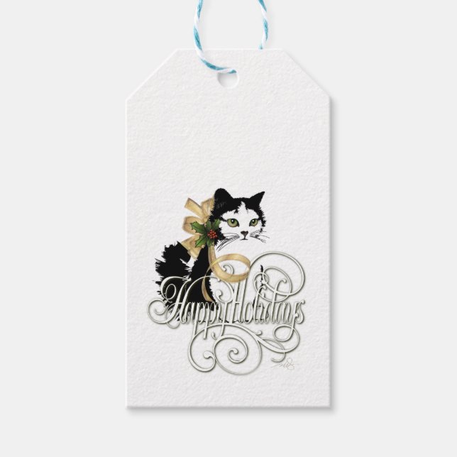 Black and White Holiday Cat Gift Tags (Front)